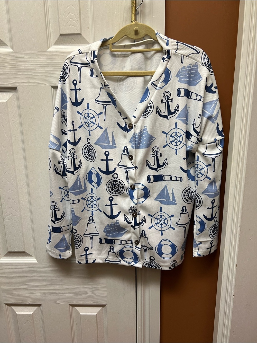 Nautical Print Women’s Button-Up Jacket - White & Navy